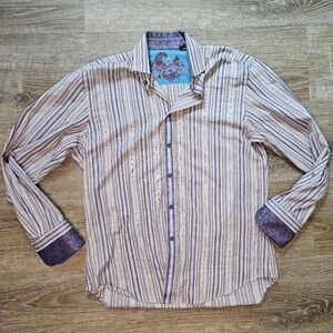 Robert Graham Shirt Button Down Striped Long Sleeve Silk Trim Flip Cuff Medium